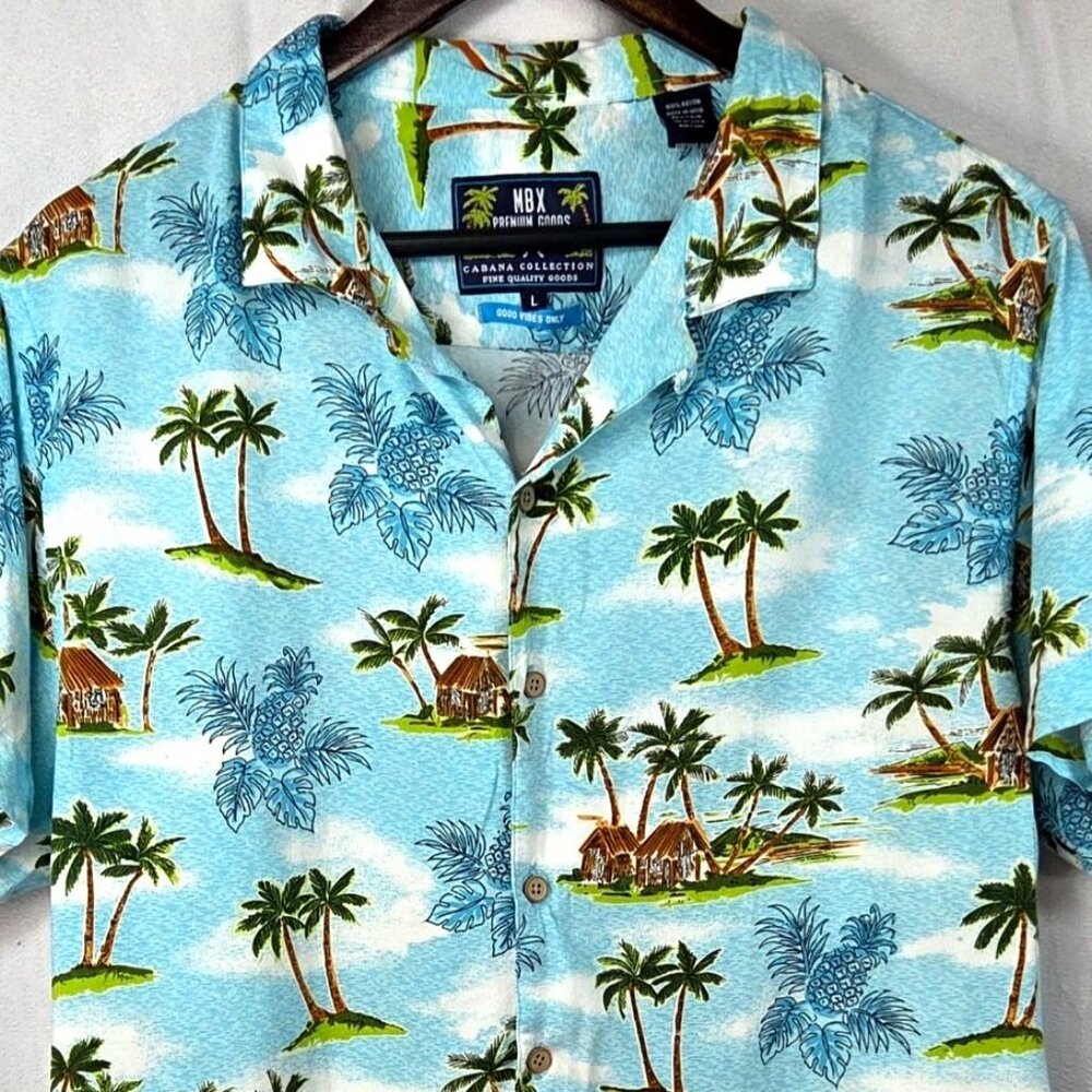MBX Cabana Collection Blue Tropical Hawaiian Palm Tree Print Button Up Shirt L - Picture 3 of 6